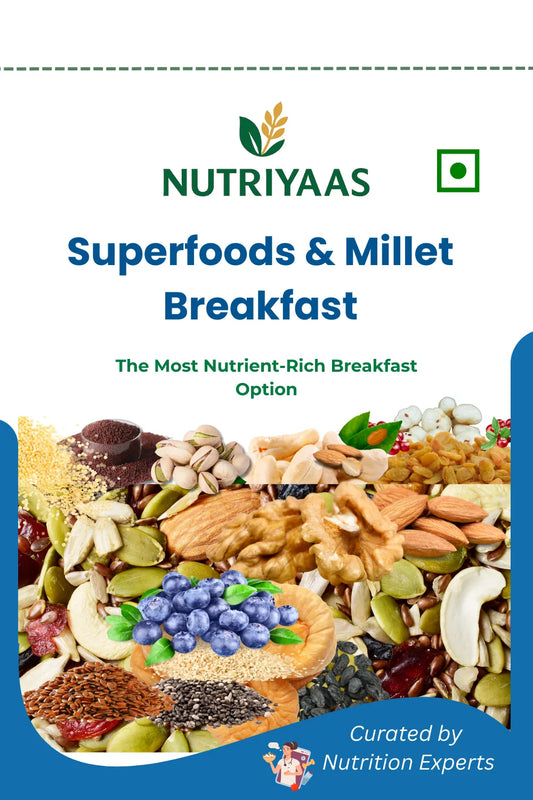 Superfoods and millet breakfast mix with Nutriyaas branding on a blue border.